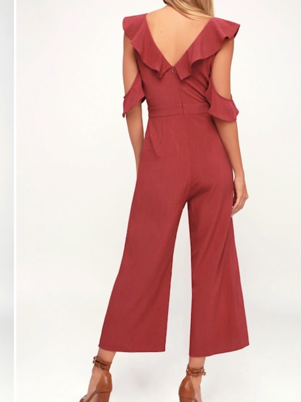 Lulus Doozy Rust Red Ruffled Wide-Leg Off-the-Shoulder Jumpsuit - Picture 2 of 6